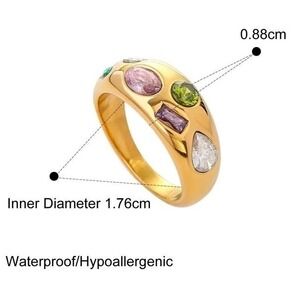 Gold Stainless Steel Ring Waterproof Hypoallergenic Multicolor Zircon Size 7‎